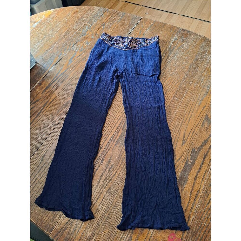 Small Umgee USA Blue Embellished Crepe Rear Elastic Waist Pull On Pants Casual